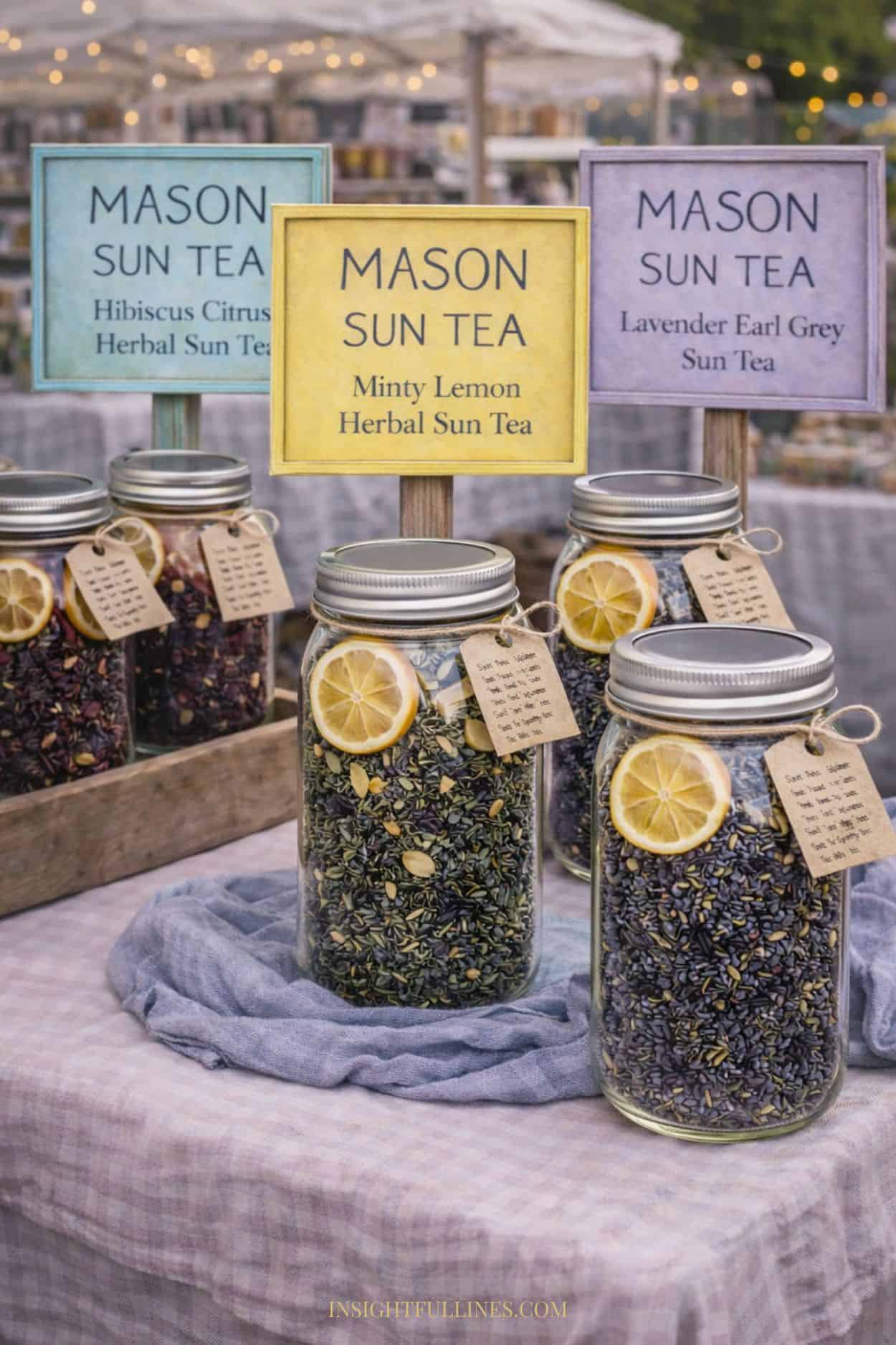 Mason jar sun tea kits in different flavors displayed on a market table with rustic signs, twine tags, and soft string lights in the background.