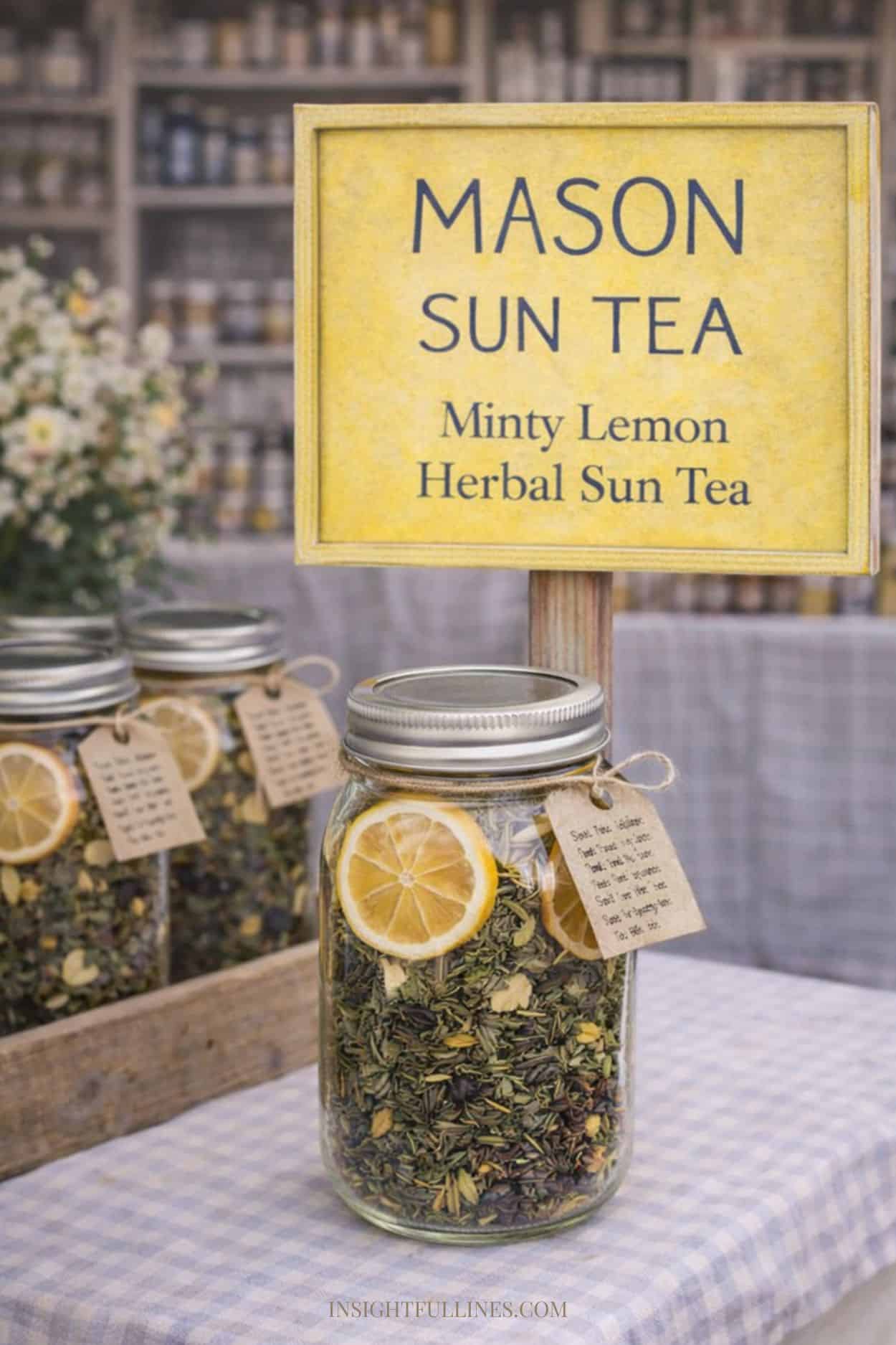 Minty lemon herbal sun tea kit in a mason jar displayed on a market table with shelves and a yellow Mason Sun Tea sign.