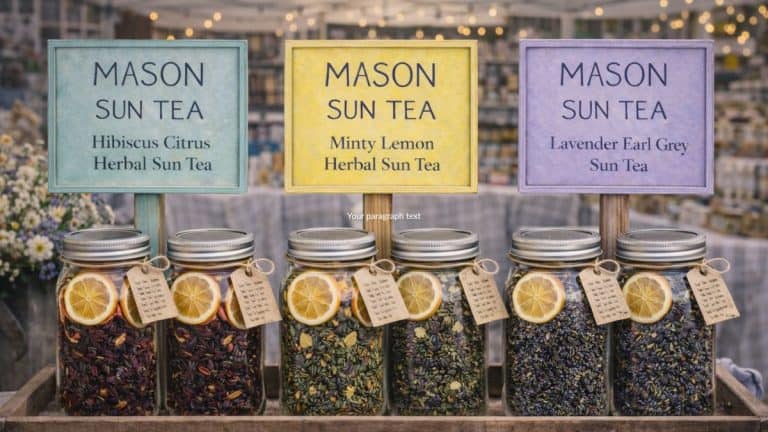 Mason jar sun tea kits in different flavors displayed on a market table with rustic signs, twine tags, and soft string lights in the background.