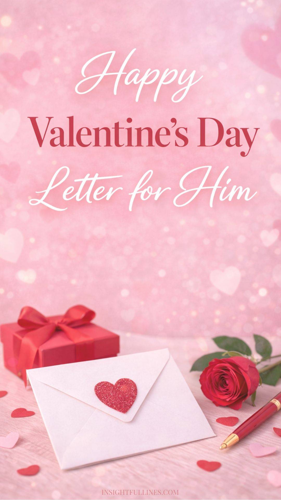 Happy Valentine’s Day letter for him styled with romantic stationery and soft lighting